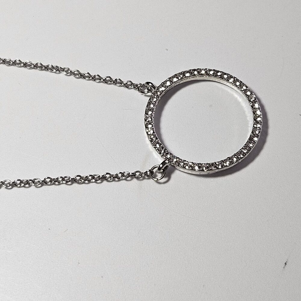 Silver Tone Circular Pendant Necklace Clear Rhinestones 16-18" - Picture 11 of 12